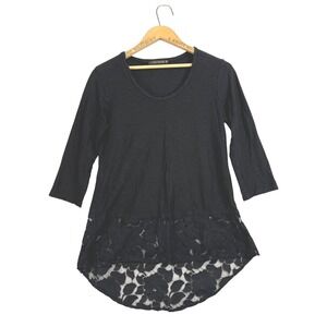 Cut-Loose Black Tunic Top XS 3/4‎ Sleeve Lace Hem Cotton Blend Casual